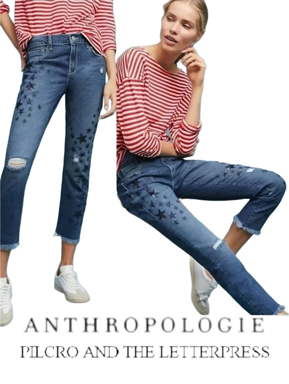 🆕️ Anthropologie Pilcro Star-Print Cropped Blue Denim Jeans